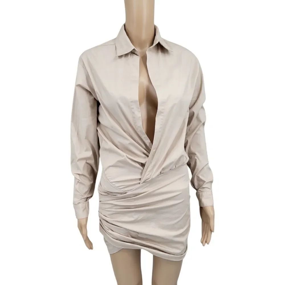 MABLE One More Dance Plunging Neckline Long Sleeve Shirt Mini Dress Poplin Tan